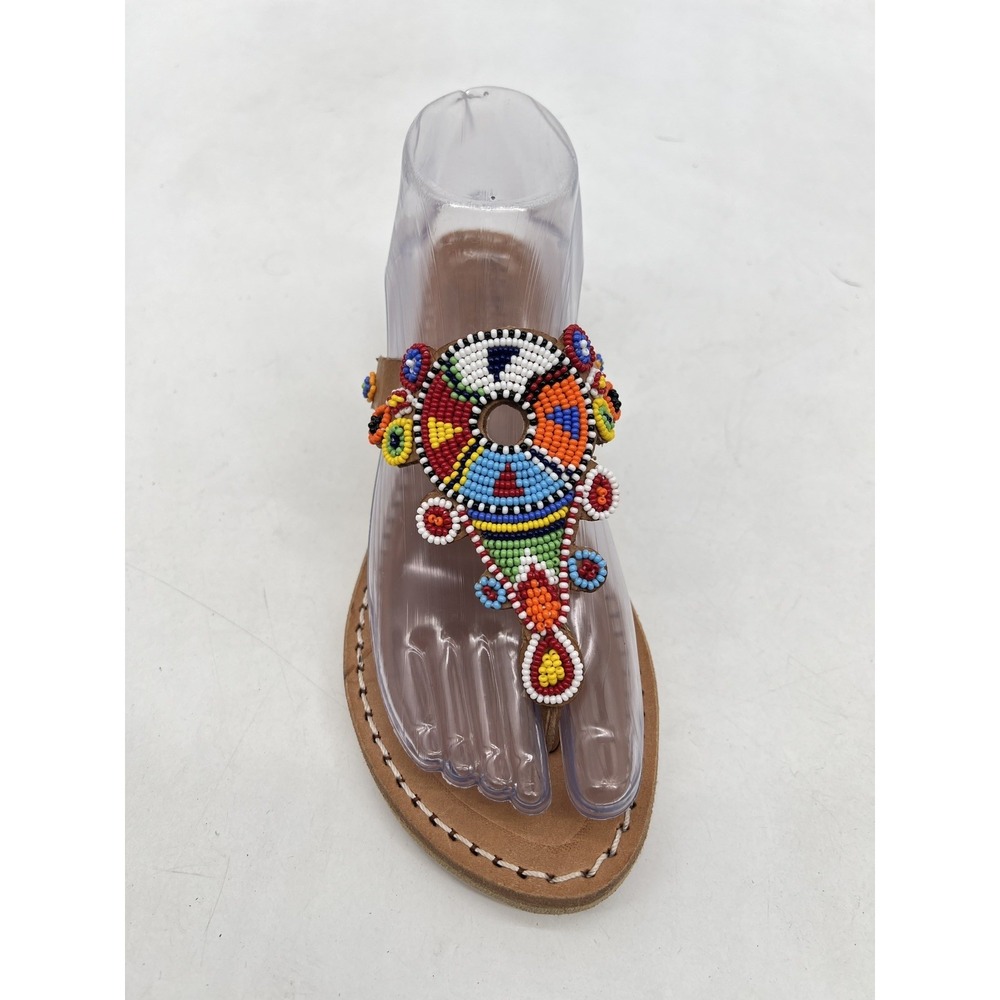 Laidback London Simba Tribal Beaded Flat Leather Sandals Brown Womens 7 EU 37